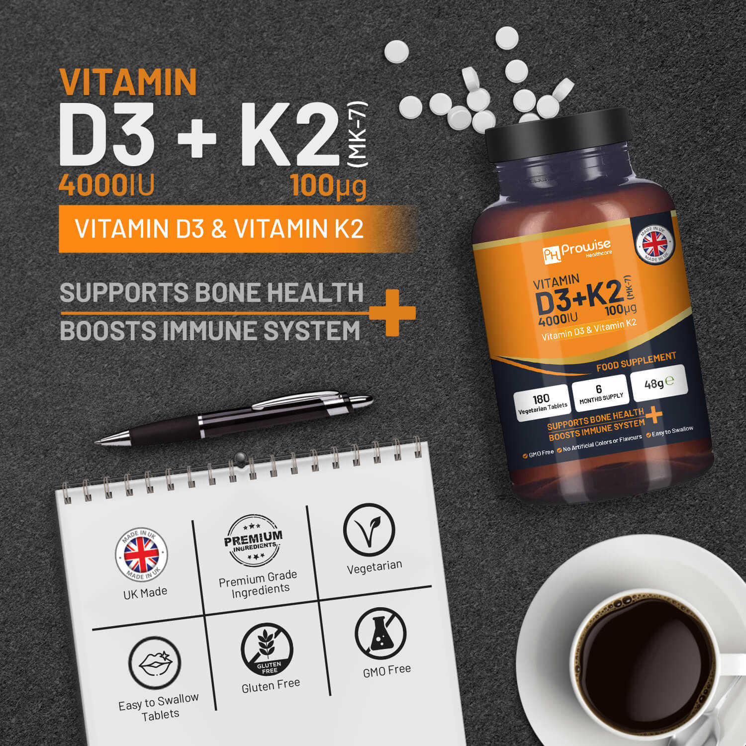 Vitamin D3 4000IU & K2 MK7 100µg Vegetarian Tablets I 180 ( 6 Months Supply) I E