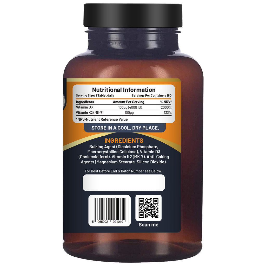 Vitamin D3 4000IU & K2 MK7 100µg Vegetarian Tablets I 180 ( 6 Months Supply) I E