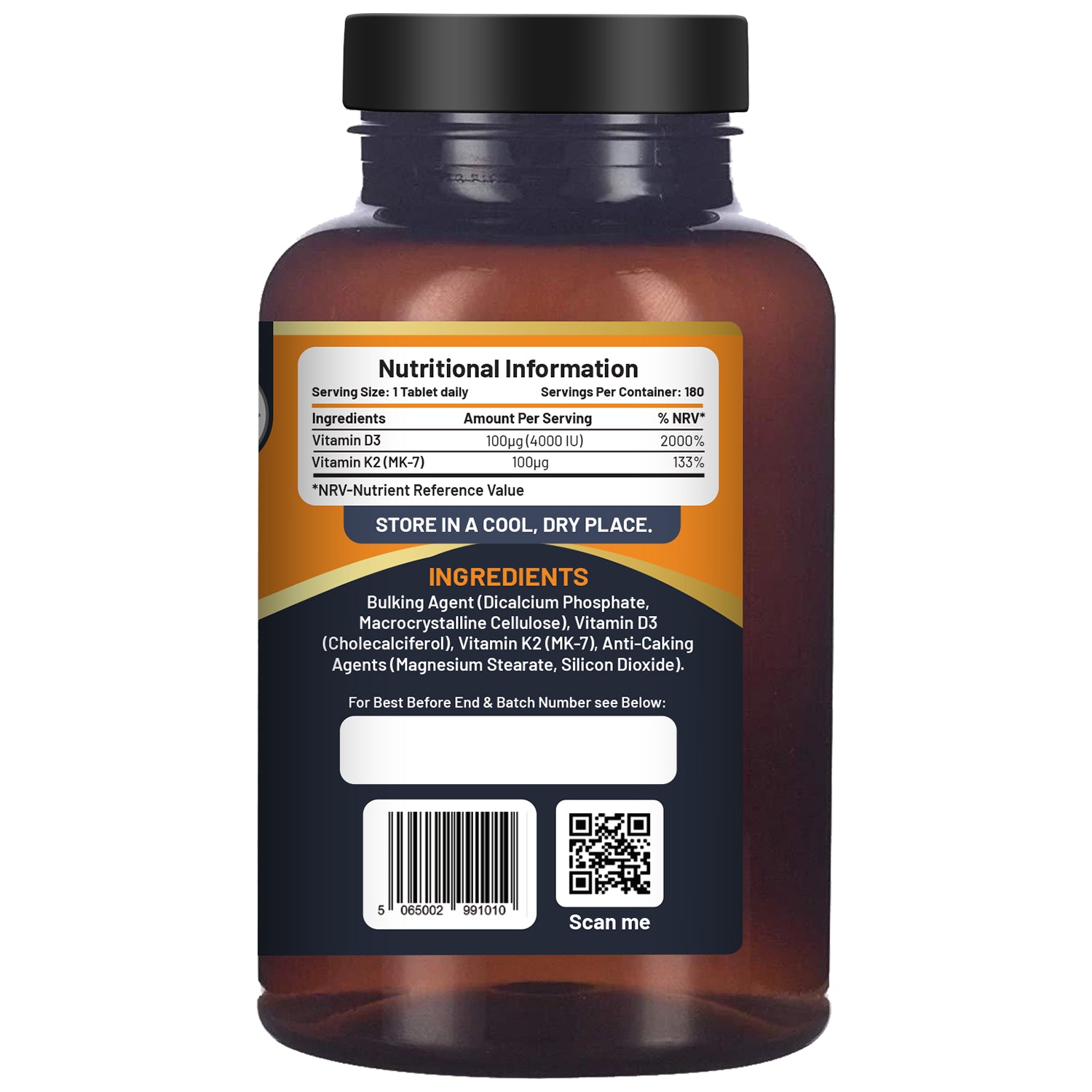 Vitamin D3 4000IU & K2 MK7 100µg Vegetarian Tablets I 180 ( 6 Months Supply) I E