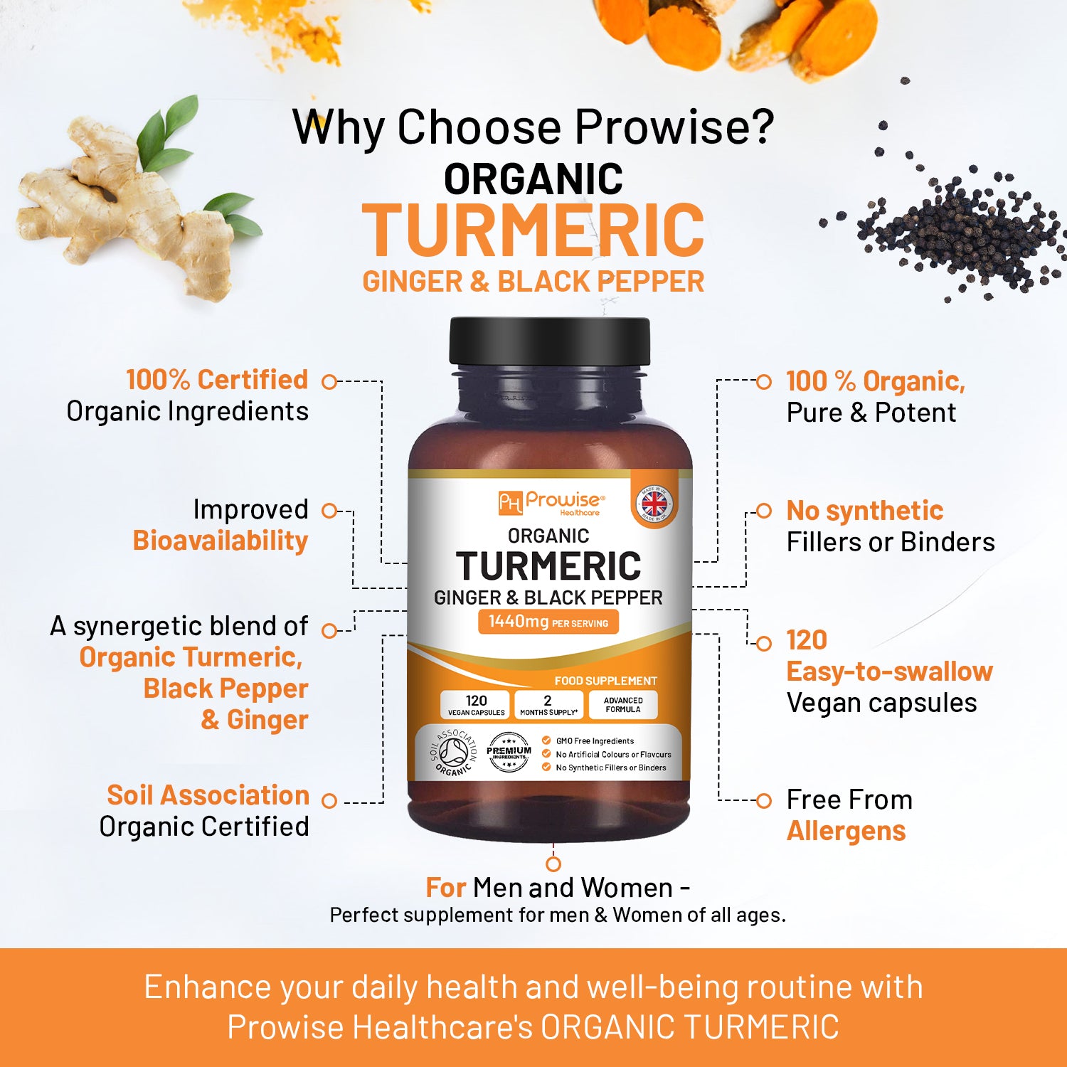 Turmeric Curcumin 1440mg With Black Pepper & Ginger | Made In UK by Prowise