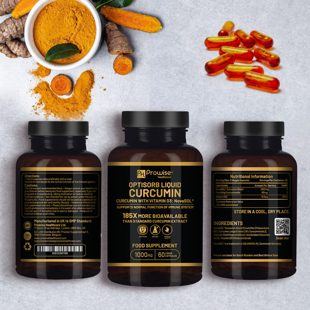 Optisorb Liquid Curcumin with Vitamin D - 60 Liqcaps | 185x Turmeric & Curcumin