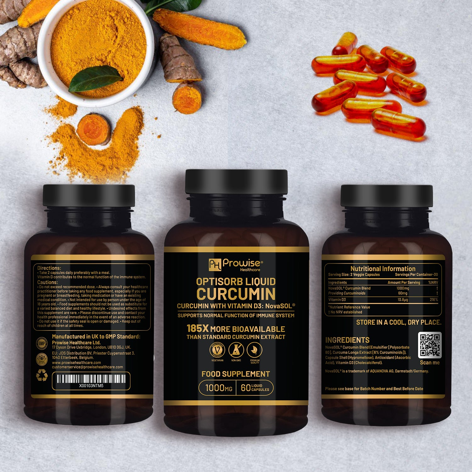 Optisorb Liquid Curcumin with Vitamin D - 60 Liqcaps | 185x Turmeric & Curcumin