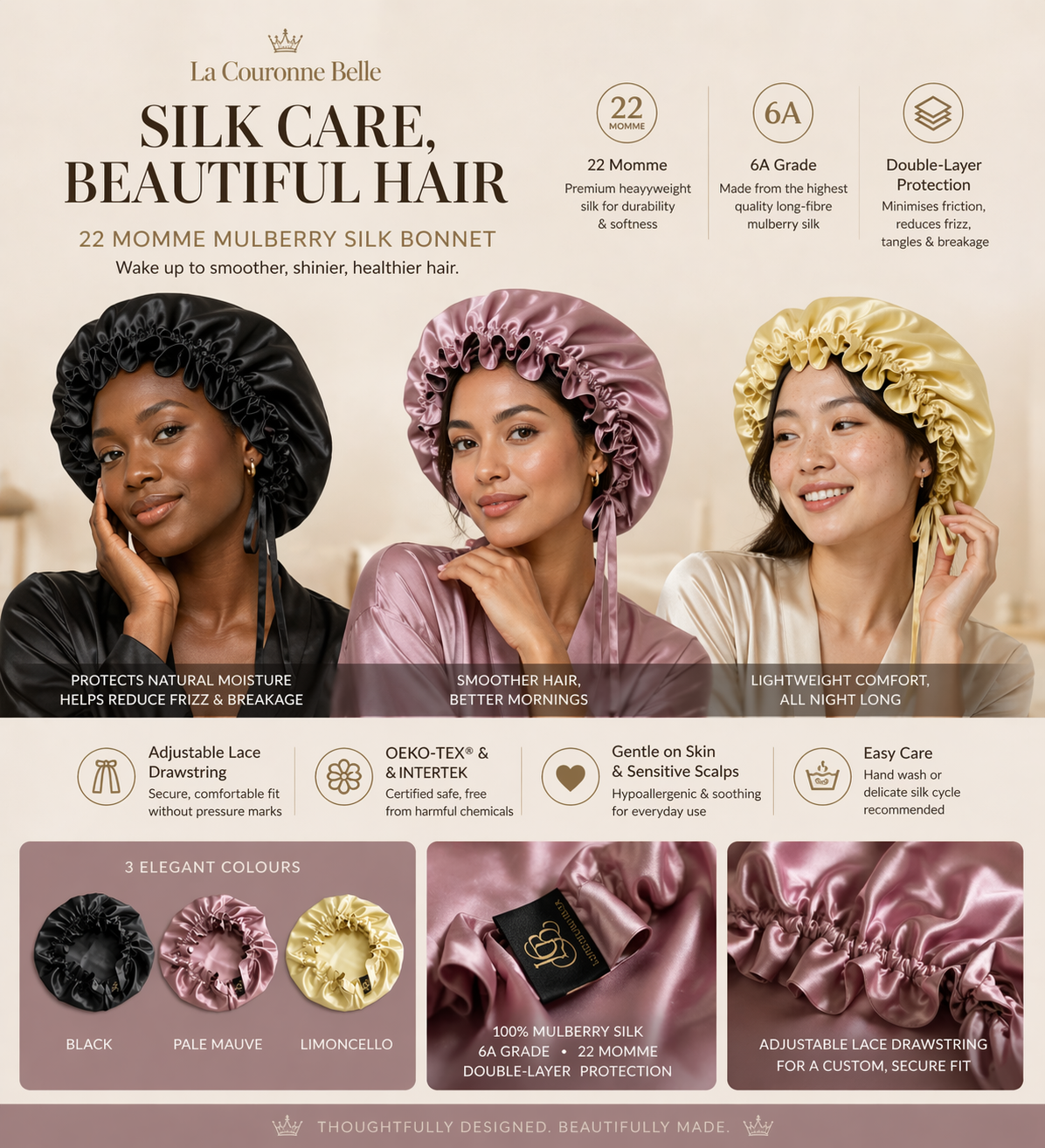 La Couronne Belle 22 Momme 6A Mulberry Silk Hair Bonnet – Double Layer Silk Slee