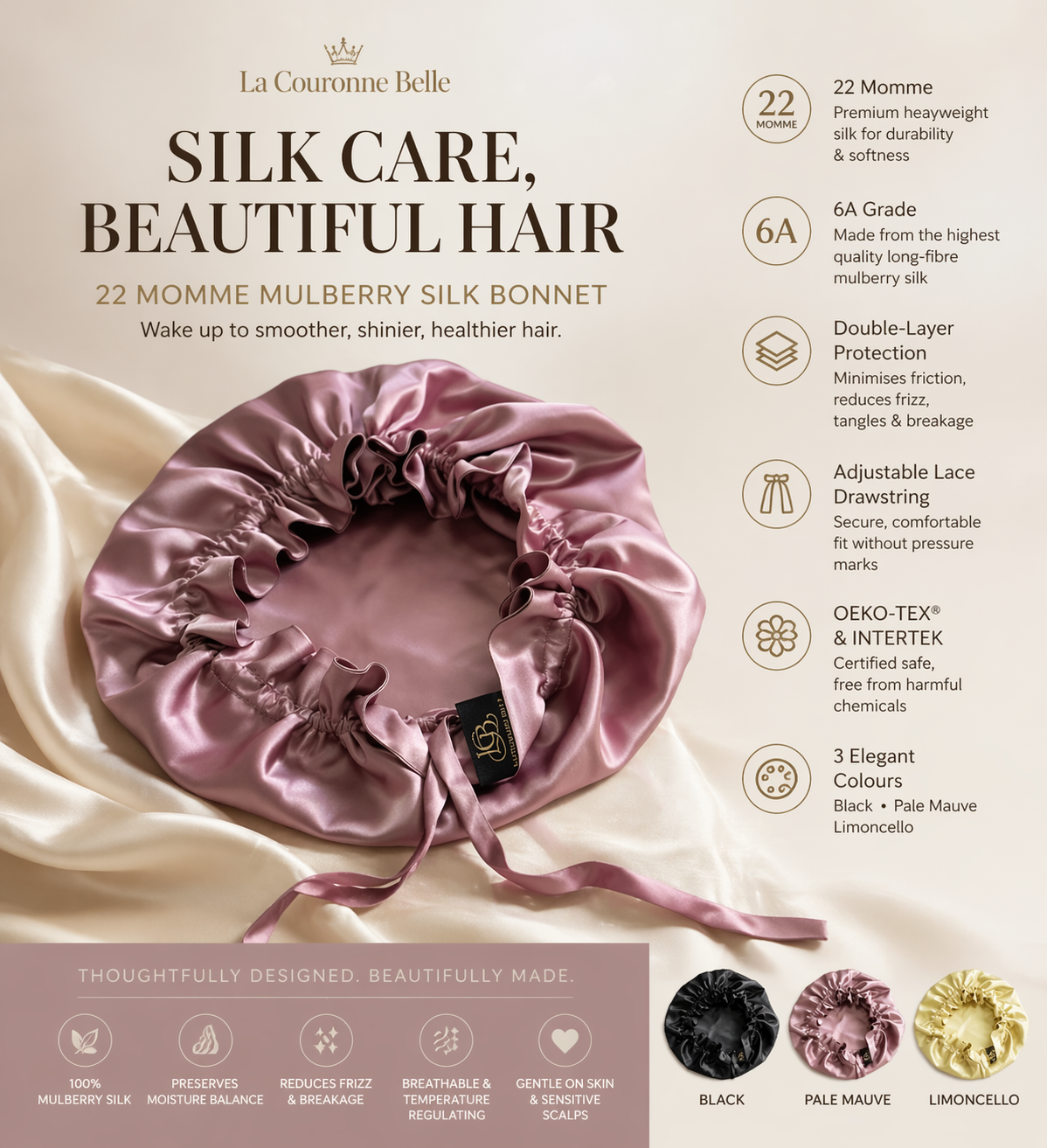 La Couronne Belle 22 Momme 6A Mulberry Silk Hair Bonnet – Double Layer Silk Slee